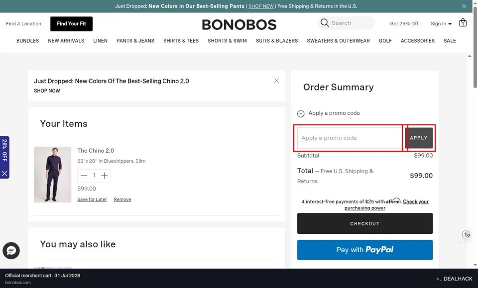 Bonobos checkout page showing the Apply a promo code field and Apply button
