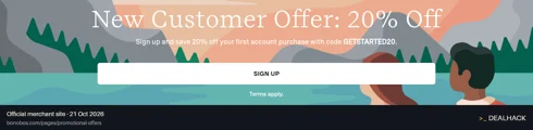 Screenshot of Bonobos's website on Oct 21, 2026 showing the "Save 20% on Your First Bonobos Purchase" offer