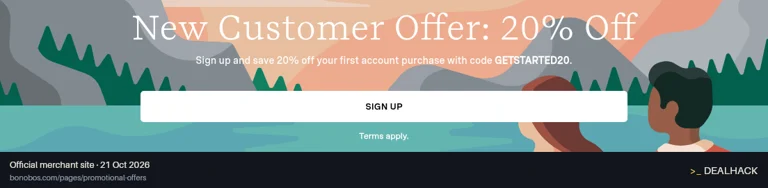 Screenshot of Bonobos's website on Oct 21, 2026 showing the "Save 20% on Your First Bonobos Purchase" offer