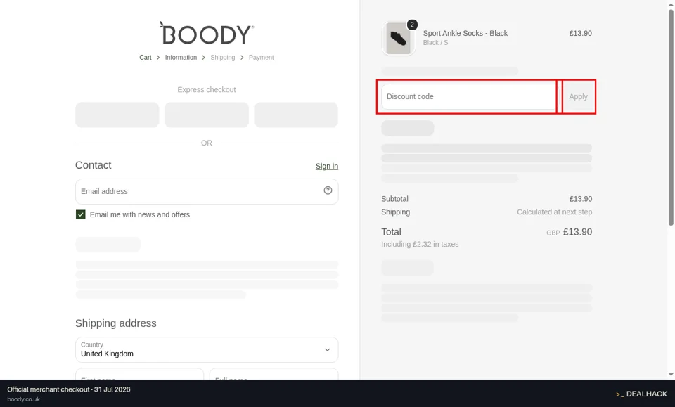 Boody checkout page showing the Discount code field and Apply button