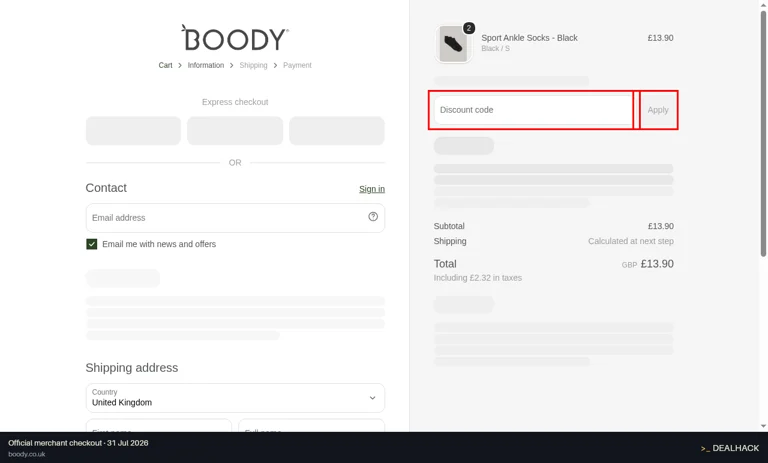 Boody checkout page showing the Discount code field and Apply button
