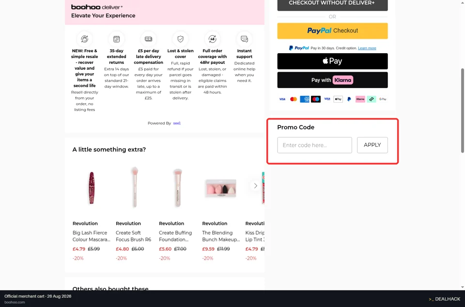 Boohoo checkout page showing the Enter code here... field and Apply button