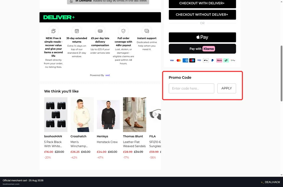 boohooMAN checkout page showing the Enter code here... field and Apply button