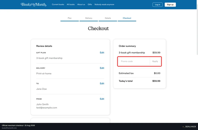 Book of the Month checkout page showing the Promo code field and Apply button