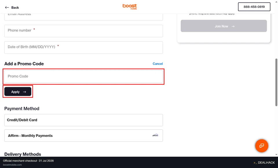 Boost Mobile checkout page showing the Promo Code field and Apply button