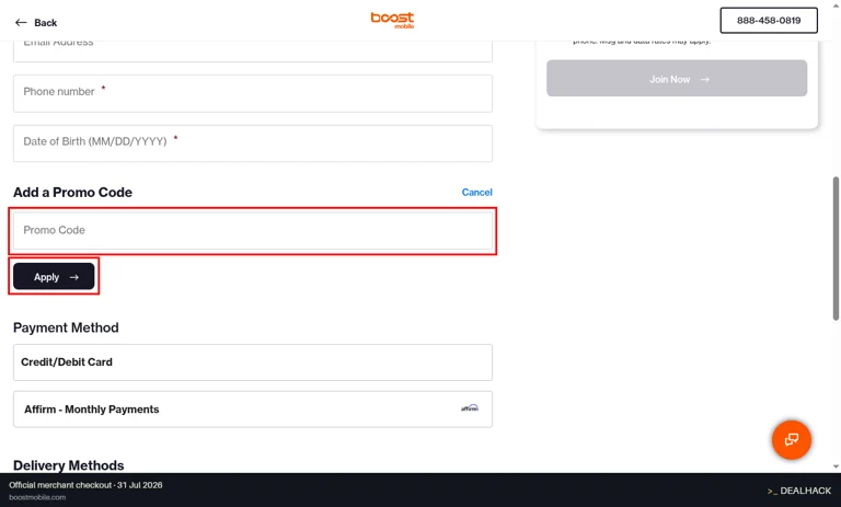 Boost Mobile checkout page showing the Promo Code field and Apply button