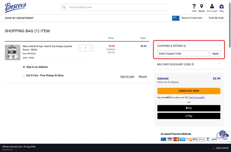 Boscov's checkout page showing the Enter Coupon Code field and Apply button