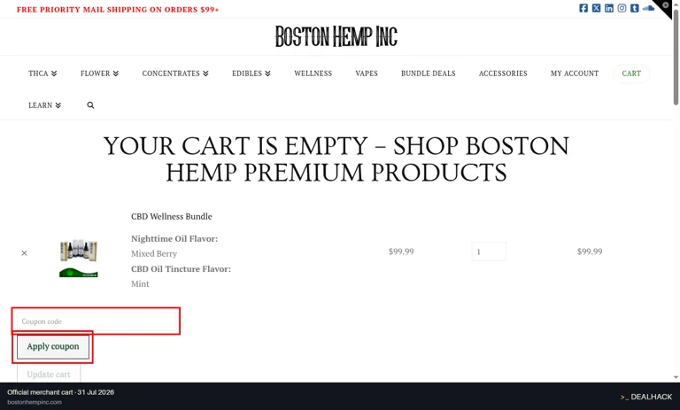 Boston Hemp Inc. checkout page showing the Coupon code field and Apply coupon button