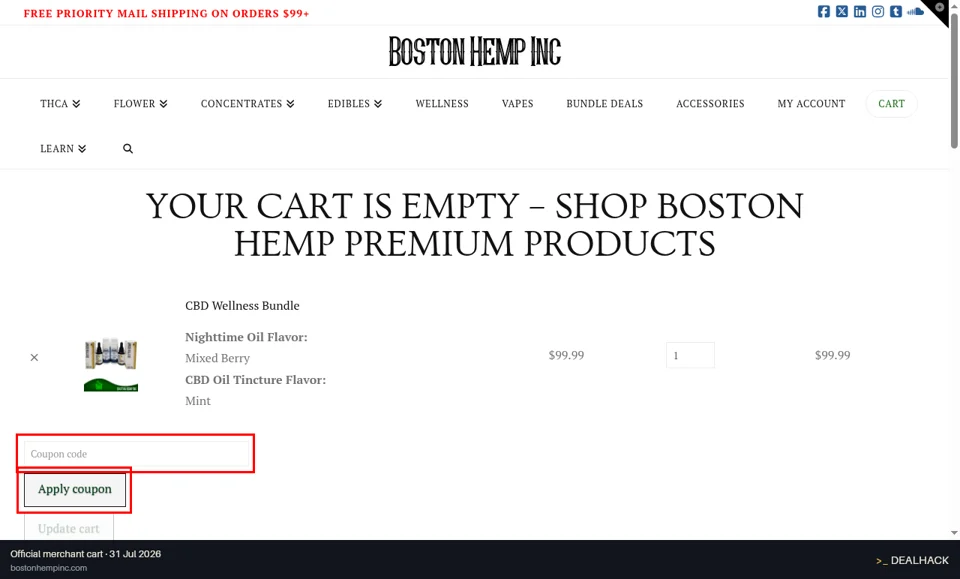 Boston Hemp Inc. checkout page showing the Coupon code field and Apply coupon button