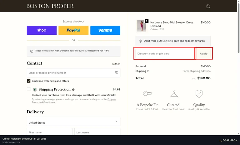 Boston Proper checkout page showing the Discount code or gift card field and Apply button