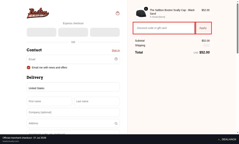 Boston Scally checkout page showing the Discount code or gift card field and Apply button