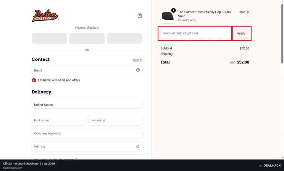 Boston Scally checkout page showing the Discount code or gift card field and Apply button