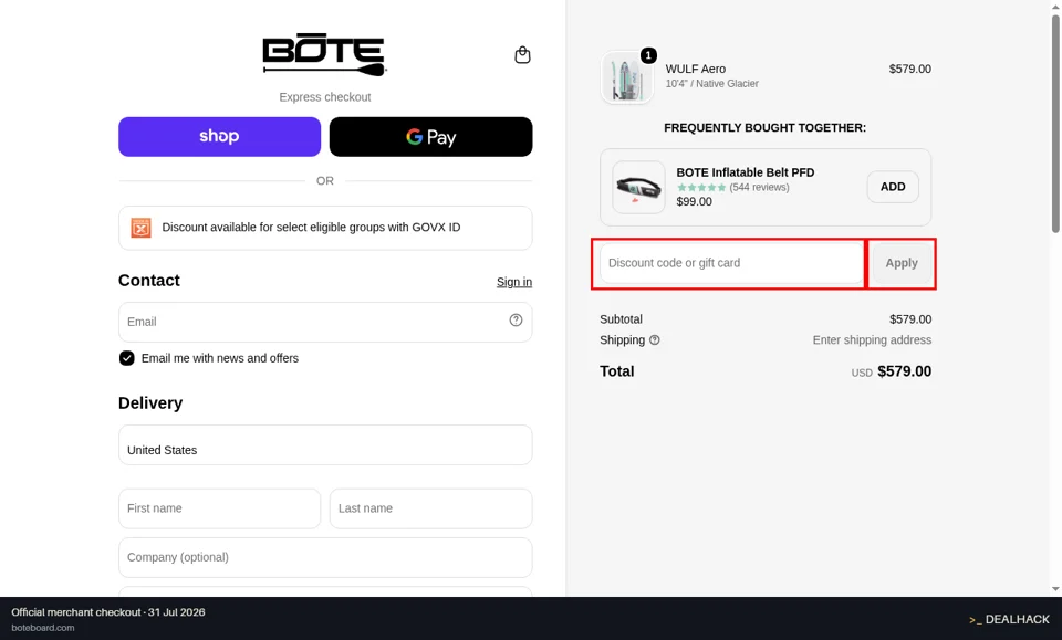 BOTE checkout page showing the Discount code or gift card field and Apply button