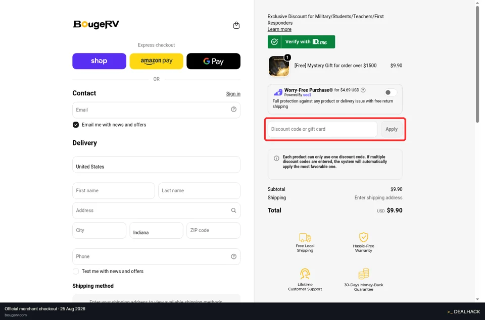 BougeRV checkout page showing the Discount code or gift card field and Apply button