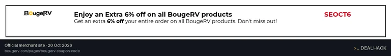 Screenshot of BougeRV's website on Oct 20, 2026 showing the "Get an Extra 6% Off BougeRV Products" offer