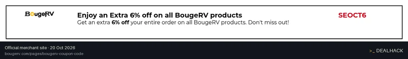 Screenshot of BougeRV's website on Oct 20, 2026 showing the "Get an Extra 6% Off BougeRV Products" offer