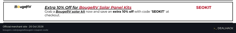 Screenshot of BougeRV's website on Oct 20, 2026 showing the "Save an Extra 10% on BougeRV Solar Kits" offer