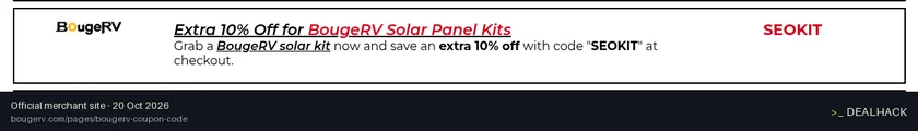 Screenshot of BougeRV's website on Oct 20, 2026 showing the "Save an Extra 10% on BougeRV Solar Kits" offer
