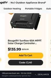 Screenshot of BougeRV's website on Oct 20, 2026 showing the "Save 20% on BougeRV Inverters & Controllers" offer