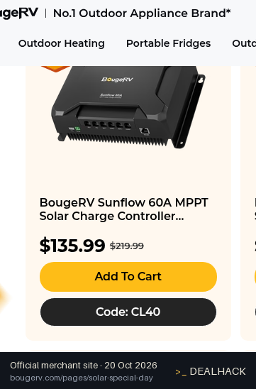 Screenshot of BougeRV's website on Oct 20, 2026 showing the "Save 20% on BougeRV Inverters & Controllers" offer