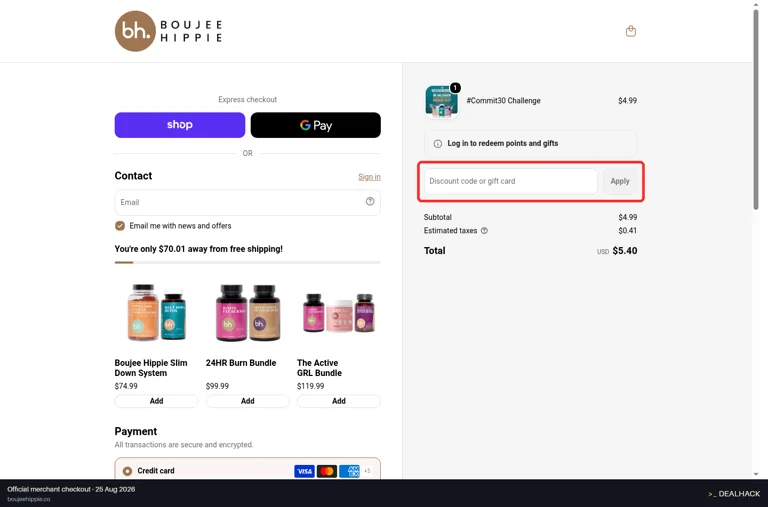 Boujee Hippie checkout page showing the Discount code or gift card field and Apply button