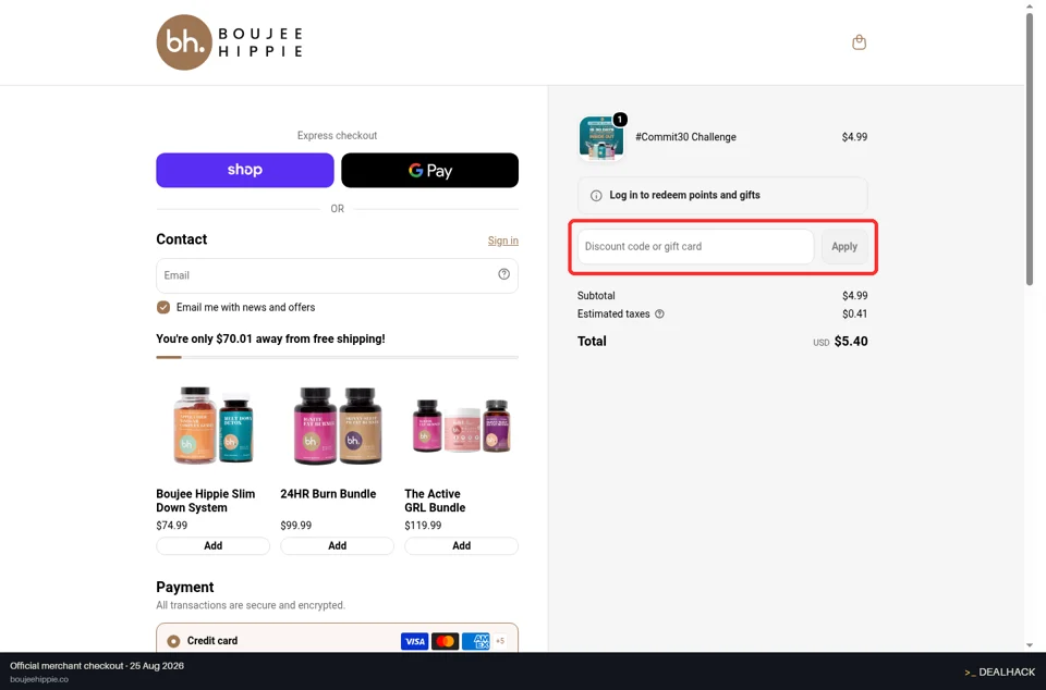 Boujee Hippie checkout page showing the Discount code or gift card field and Apply button