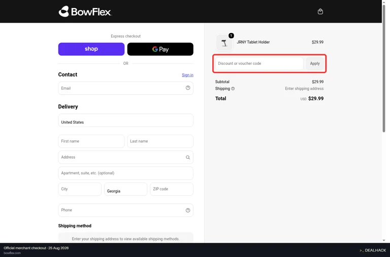 Bowflex checkout page showing the Discount or voucher code field and Apply button