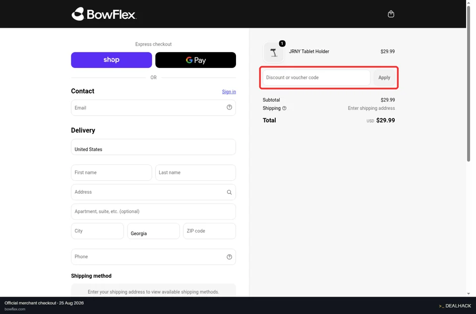 Bowflex checkout page showing the Discount or voucher code field and Apply button