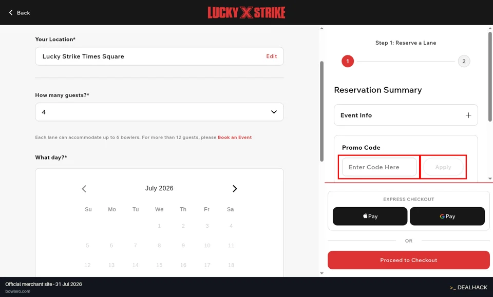 Bowlero checkout page showing the Enter Code Here field and Apply button