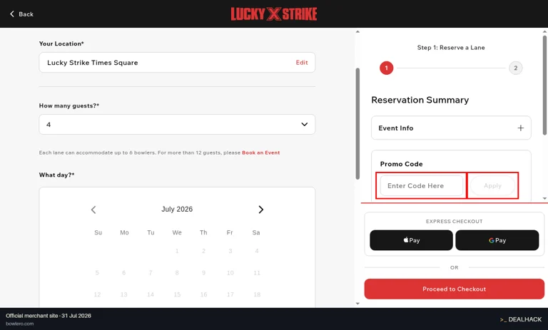 Bowlero checkout page showing the Enter Code Here field and Apply button