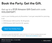 Screenshot of Bowlero's website on Oct 21, 2026 showing the "Get a $75$125 Gift Card With a Holiday Party" offer