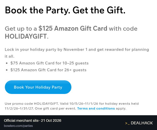 Screenshot of Bowlero's website on Oct 21, 2026 showing the "Get a $75$125 Gift Card With a Holiday Party" offer