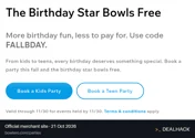 Screenshot of Bowlero's website on Oct 21, 2026 showing the "Get Free Bowling for the Birthday Star" offer