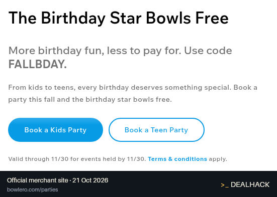 Screenshot of Bowlero's website on Oct 21, 2026 showing the "Get Free Bowling for the Birthday Star" offer
