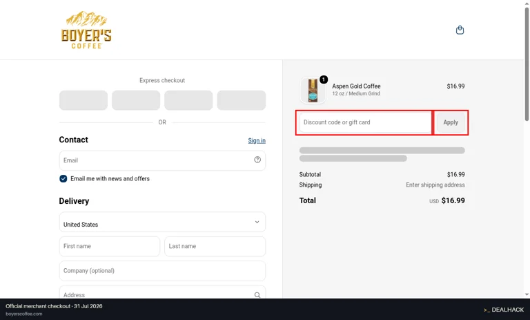 Boyer's Coffee checkout page showing the Discount code or gift card field and Apply button