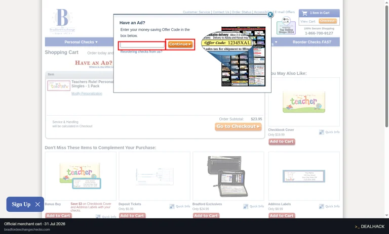 Bradford Exchange Checks checkout page showing the promo code field and Continue button