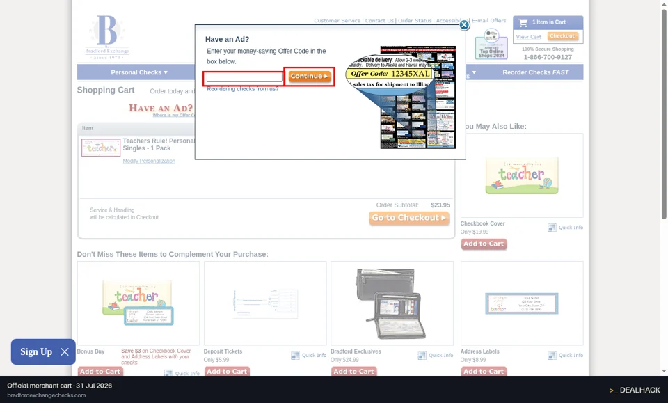 Bradford Exchange Checks checkout page showing the promo code field and Continue button