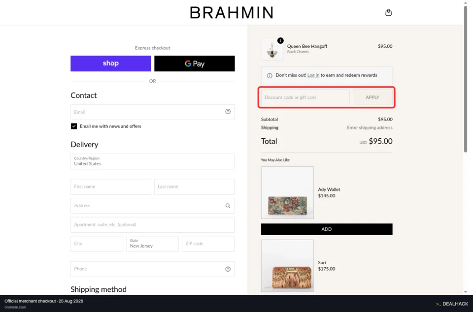 Brahmin checkout page showing the Discount code or gift card field and Apply button
