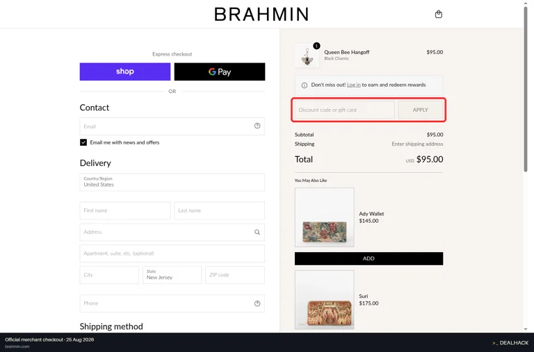 Brahmin checkout page showing the Discount code or gift card field and Apply button