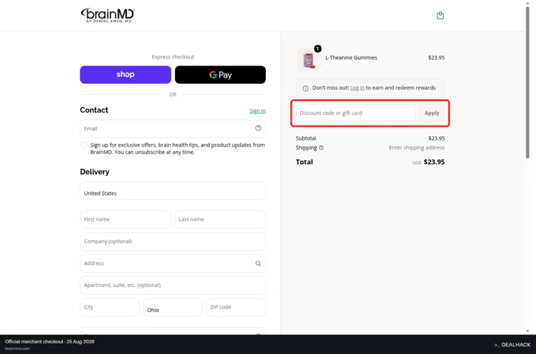 BrainMD Health checkout page showing the Discount code or gift card field and Apply button