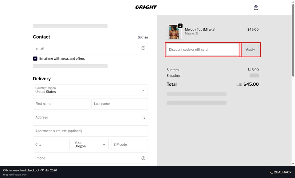 Bright Swimwear checkout page showing the Discount code or gift card field and Apply button