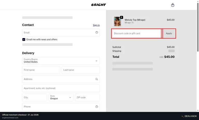 Bright Swimwear checkout page showing the Discount code or gift card field and Apply button