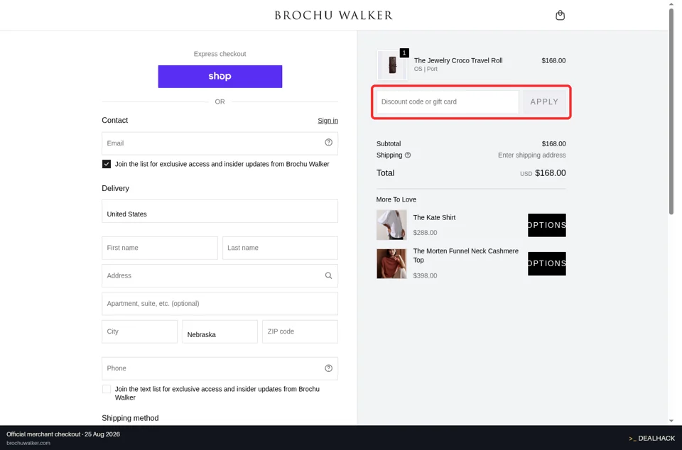 Brochu Walker checkout page showing the Discount code or gift card field and Apply button