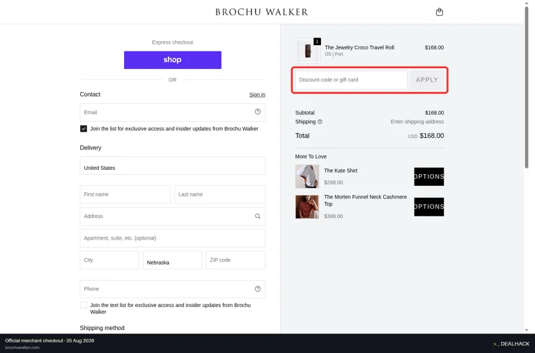 Brochu Walker checkout page showing the Discount code or gift card field and Apply button