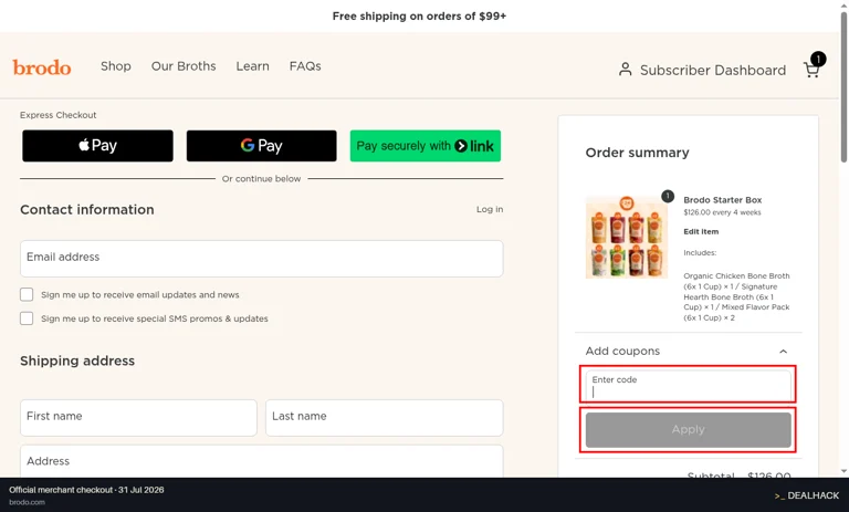 Brodo checkout page showing the Enter code field and Apply button