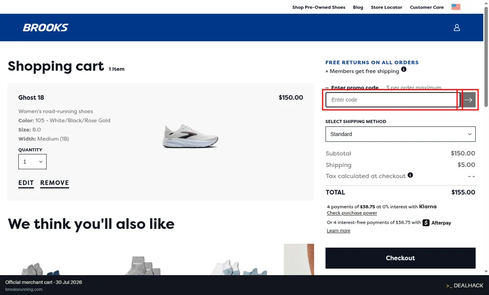 Brooks Running checkout page showing the Enter code field and Submit button