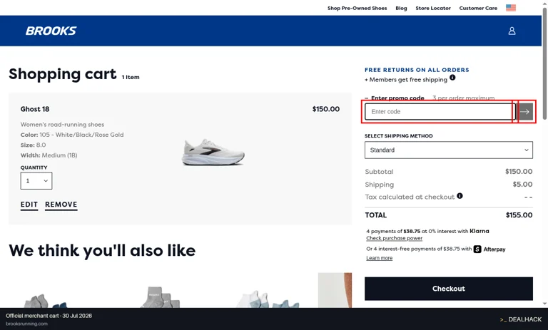 Brooks Running checkout page showing the Enter code field and Submit button