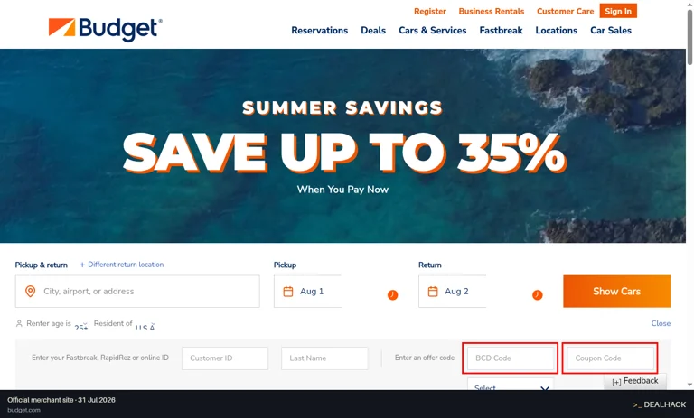 Budget Car Rental checkout page showing the BCD Code field and Show Cars button