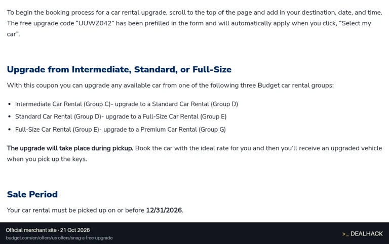 Screenshot of Budget Car Rental's website on Oct 21, 2026 showing the "Get a Free One-Class Car Upgrade" offer