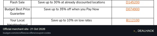 Screenshot of Budget Car Rental's website on Oct 21, 2026 showing the "Save Up to 35% on Pay Now Rentals" offer